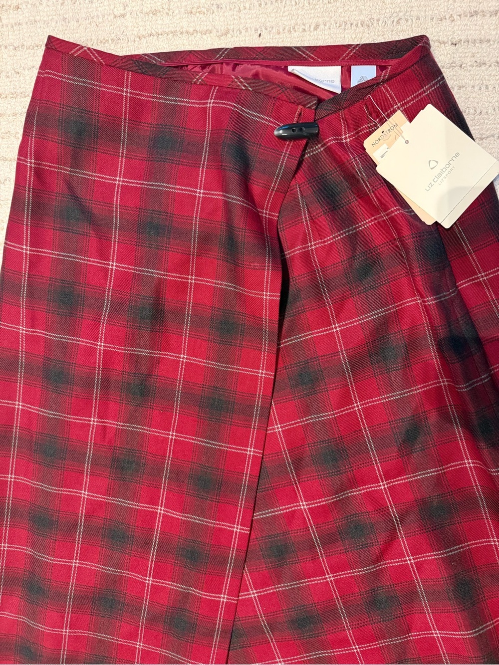 Liz Claiborne Sport Wool Tartan Plaid Wrap Midi Skirt Size 12 Autumn Berries Red - Picture 3 of 5